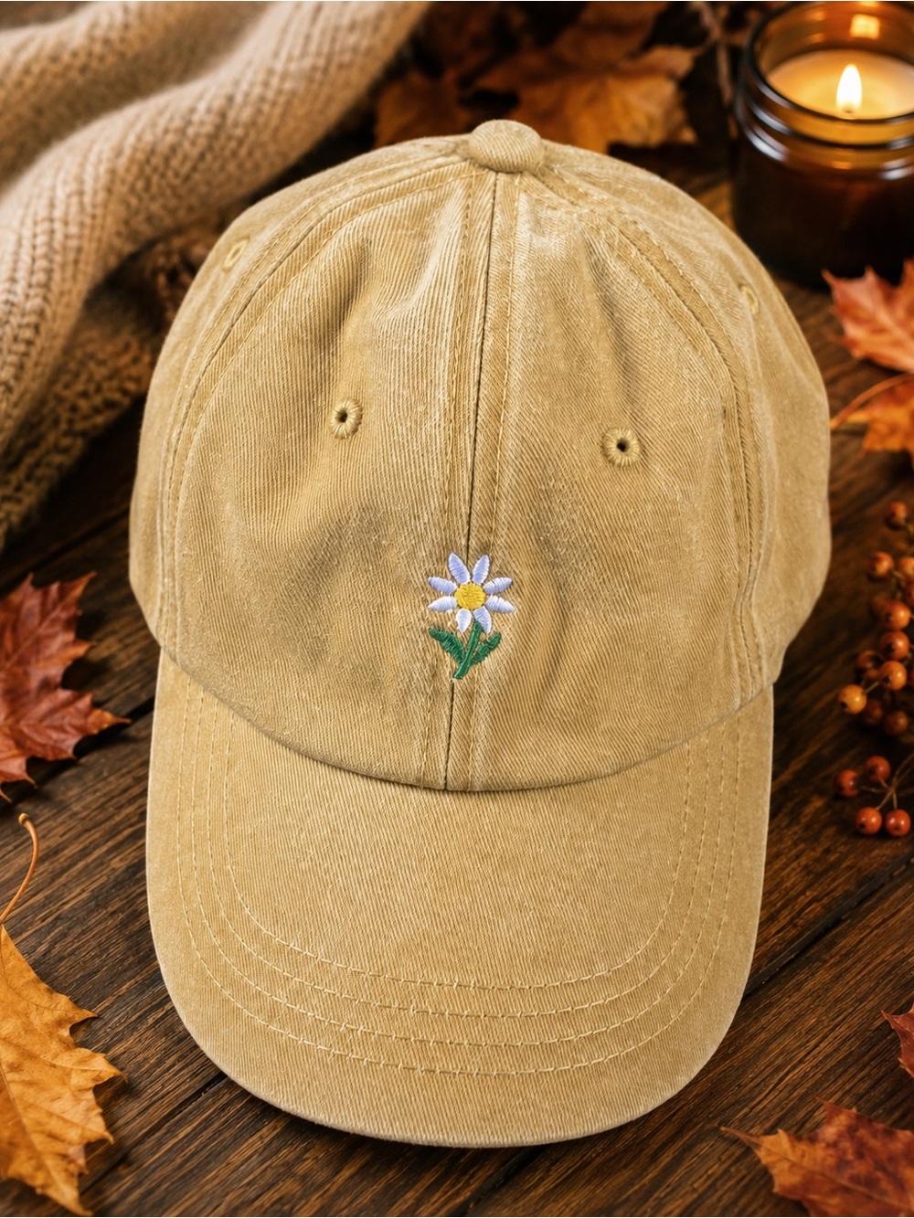 FREE With 25$+ Purchase Mustard Yellow Daisy Embroidered Baseball Cap -